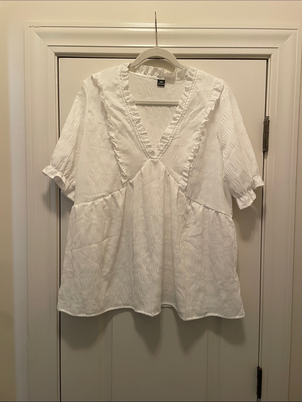 Women's White Ruffle V-Neck Peasant Top